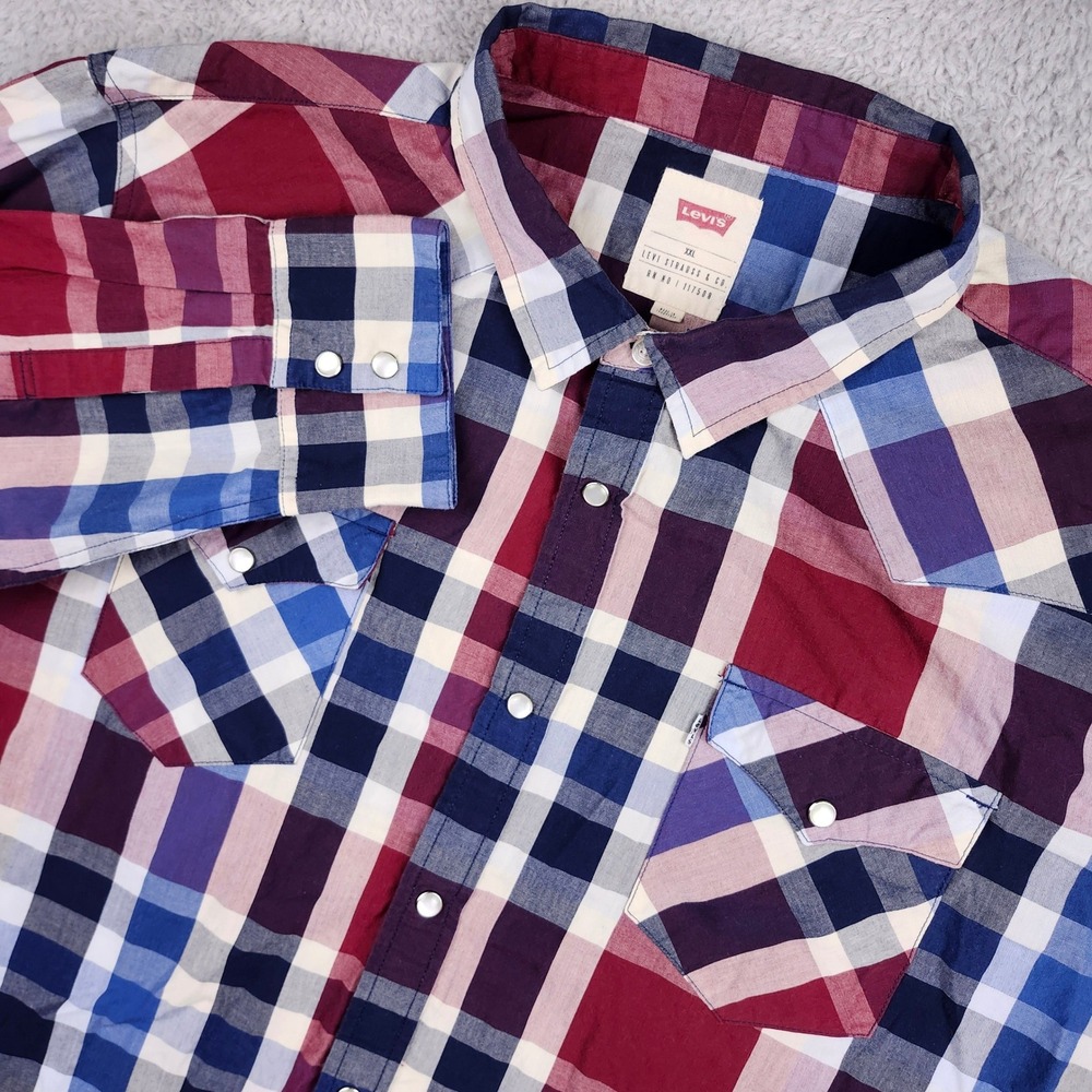 Levi Western Shirt Mens XXL Red Plaid Pearl Snap Long Sleeve Cotton Flap Pockets